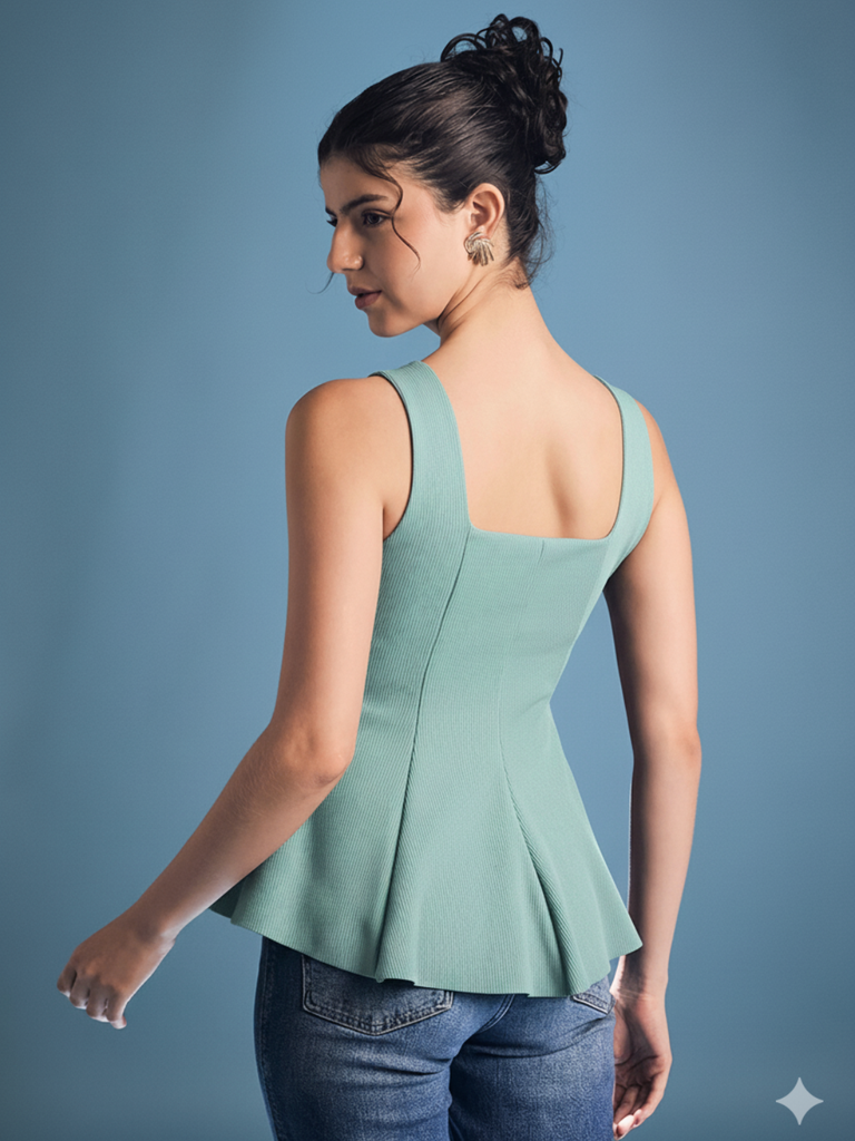 teal-stretchable-ribbed-peplum-top-back-angle-uptownie.png