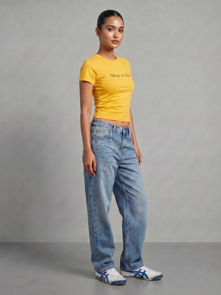 yellow-cotton-lycra-slogan-tee-side-angle-uptownie.png
