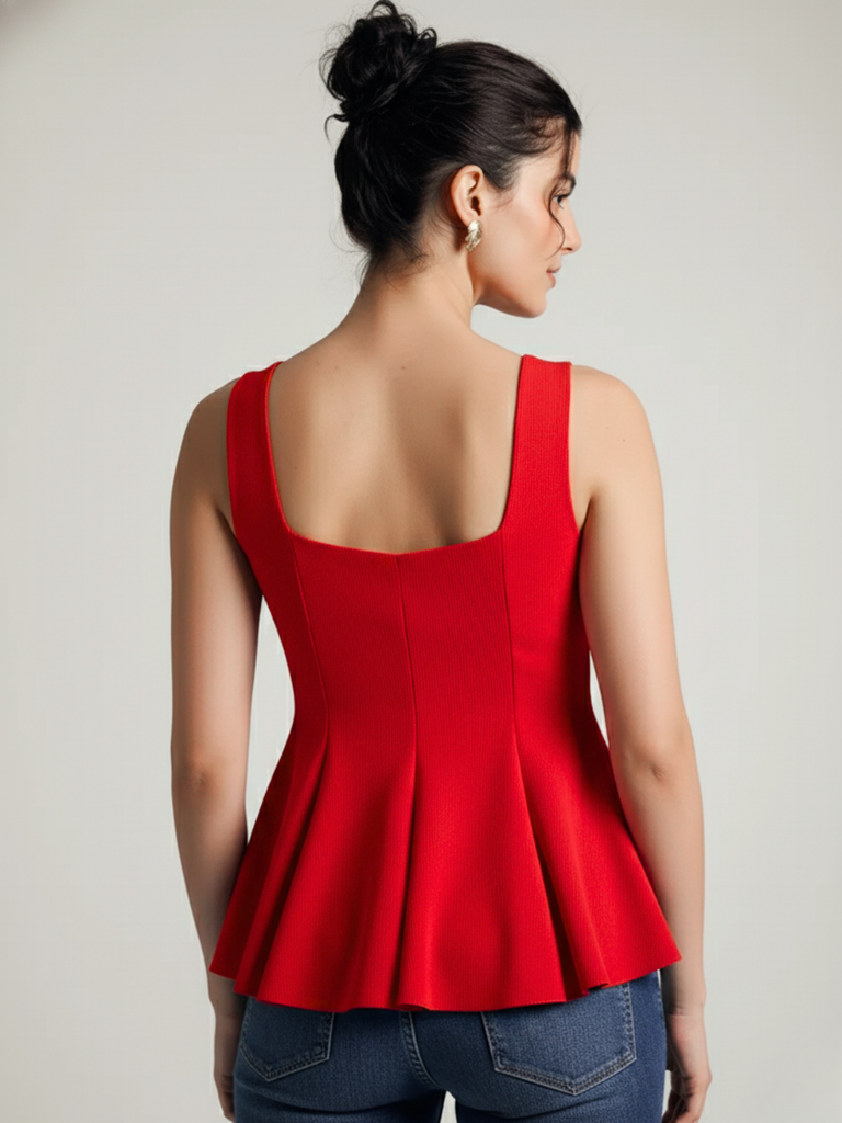 red-stretchable-ribbed-peplum-top-back-angle-uptownie.png