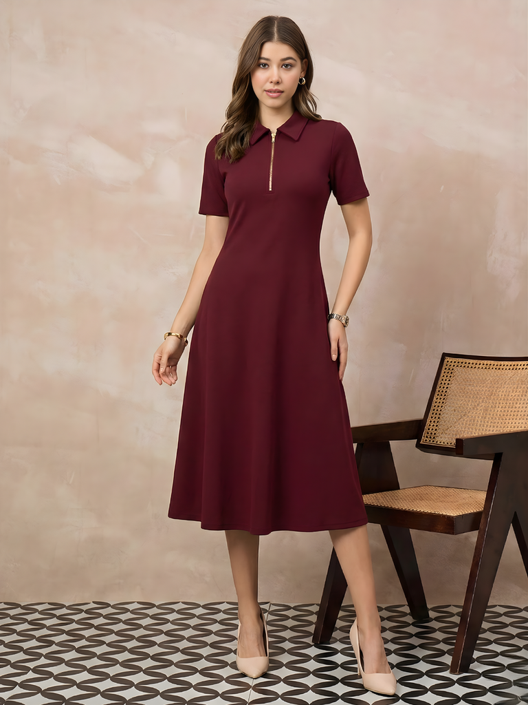 maroon-stretchable-ribbed-midi-dress-front-angle-uptownie.png