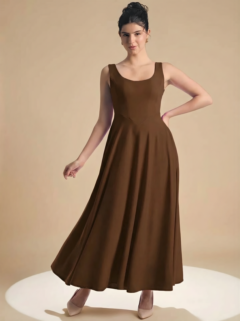 brown-stretchable-corset-fit-and-flare-midi-dress-angled-front-view-uptownie.png