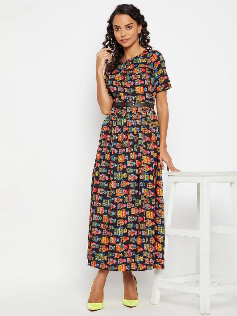 [ULSS22DR12-30-773-02] Printed Maxi Dress with Belt (S, Black)