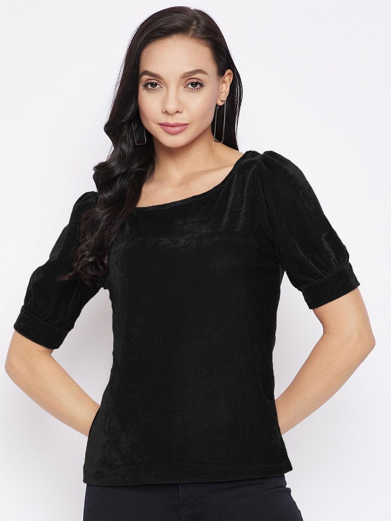 [ULSS21TP11-11-013-02] Stretchable Velvet Round Neck Puff Sleeve Top (S, Black)
