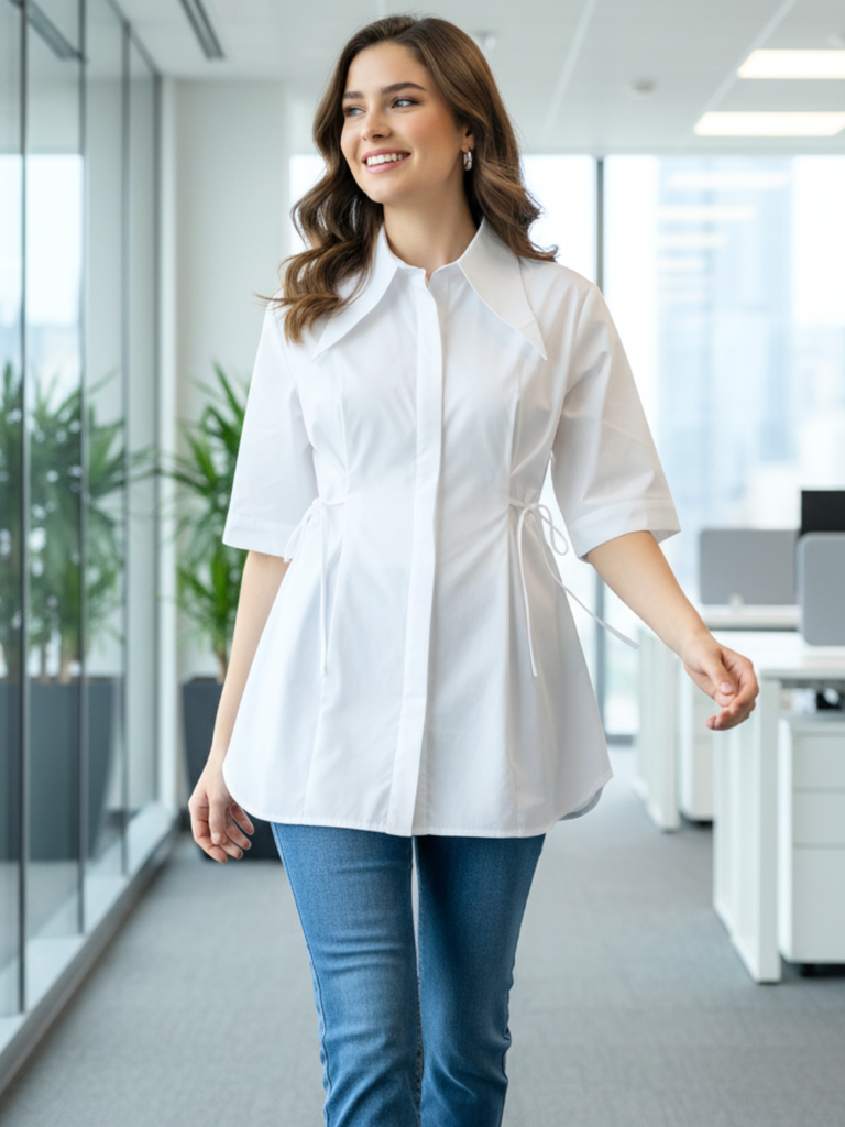 [ULSS25TP21-92-166-02] Pure Cotton Cinched Waist Collared Shirt (S, White)