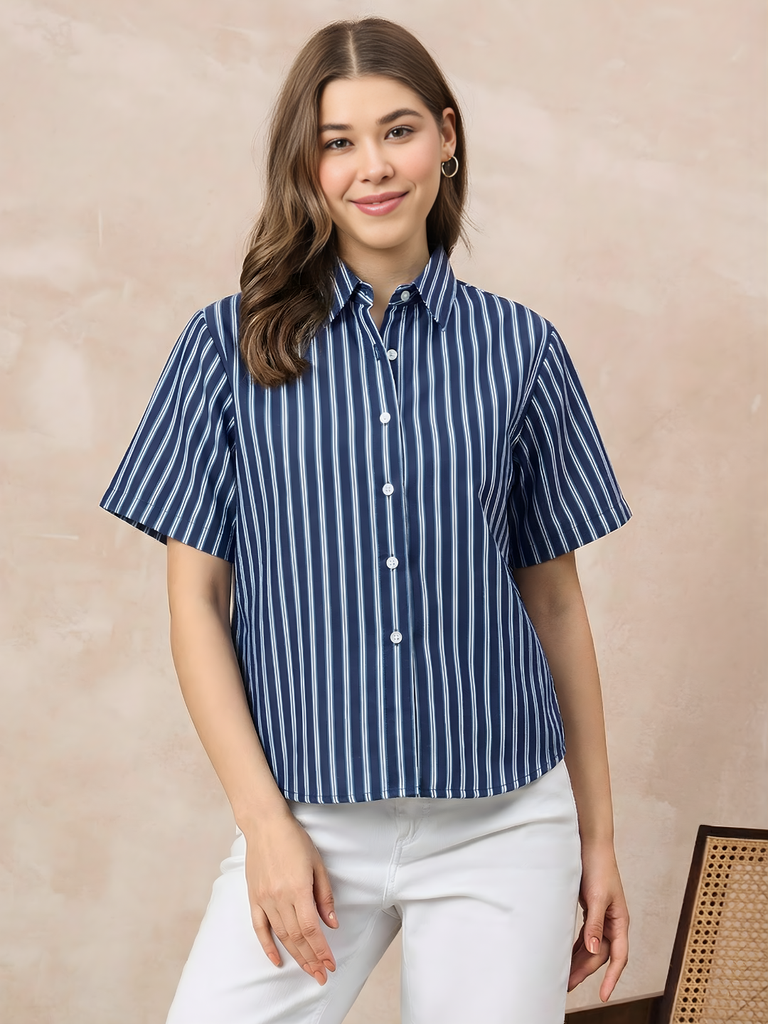 [ULSS25TP21-74-325-02] Pure Linen Half Sleeve Shirt (S, Navy Blue)
