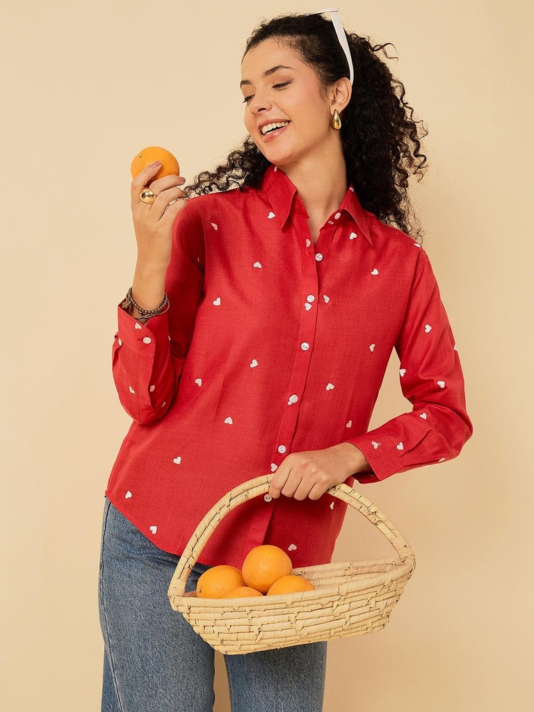 [ULSS24TP18-42-244-02] All Over Embroidered Linen Shirt (S, Red)