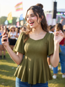 Stretchable Puff Sleeves Peplum Top