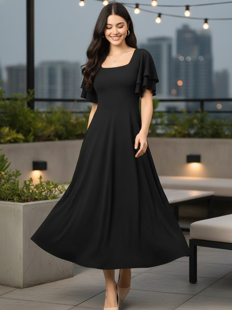 [ULSS26DR21-91-013-02] Stretchable Ruffled Sleeve Fit & Flare Dress (S, Black)