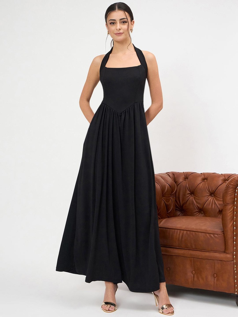 [ULSS25DR21-02-013-02] Stretchable Halter Neck Maxi Dress (S, Black)