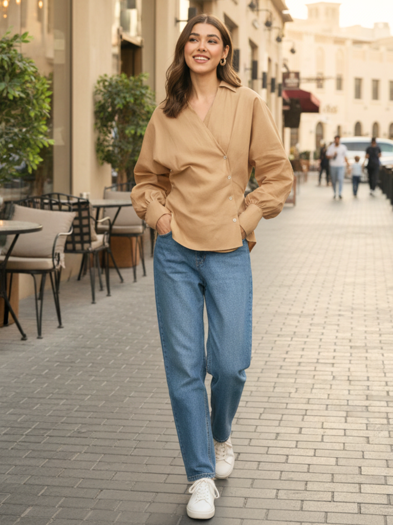 [ULSS25TP20-77-066-02] Balloon Sleeves Pure Cotton Shirt (S, Beige)