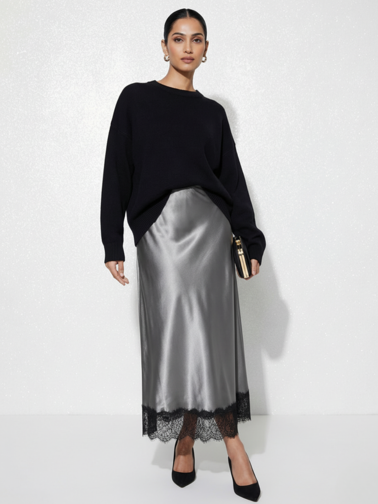 [ULSS25BT21-69-066-02] Lace Satin Midi Skirt (S, Grey)