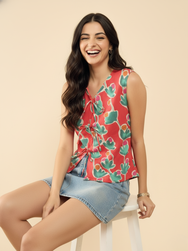 [ULSS25TP21-17-973-02] Pure Cotton Top with Tie-Up Detailing (S, Red)