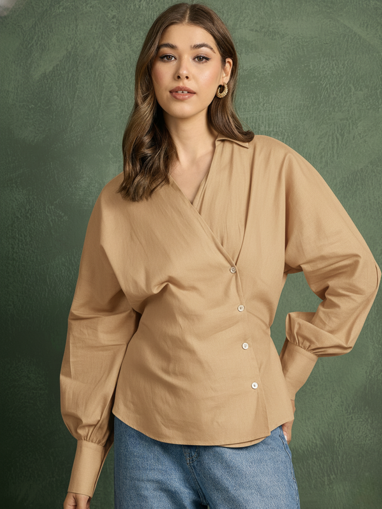 [ULSS25TP20-77-066-02] Balloon Sleeves Pure Cotton Shirt (S, Beige)