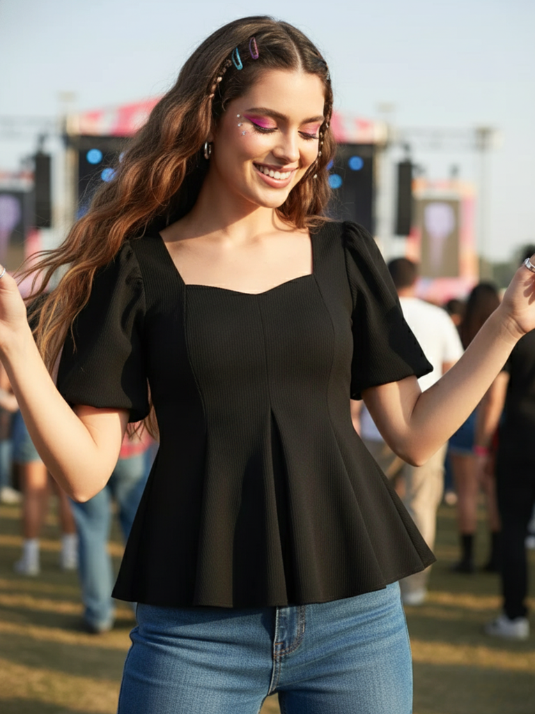 [ULSS25TP21-48-013-02] Stretchable Puff Sleeves Peplum Top (S, Black)