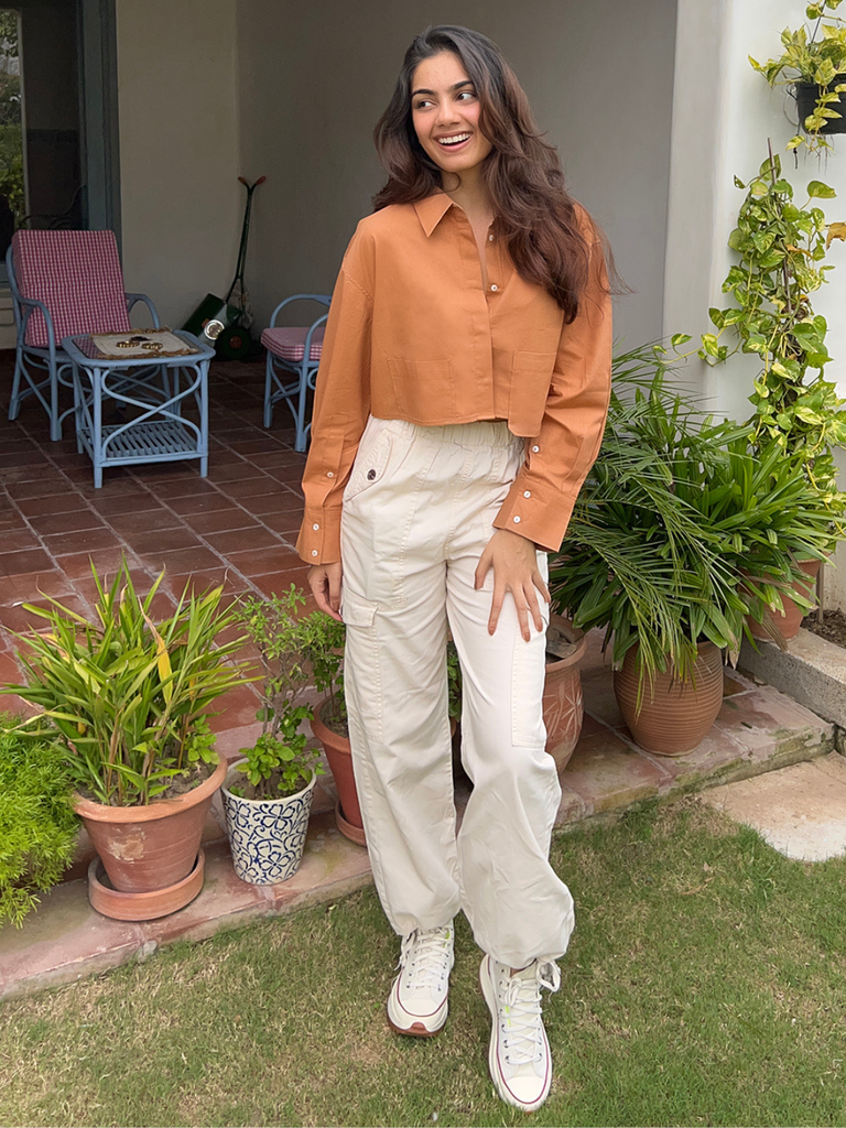 [ULSS23TP17-32-020-02] Cropped Cotton Shirt with Pocket (S, Brown)