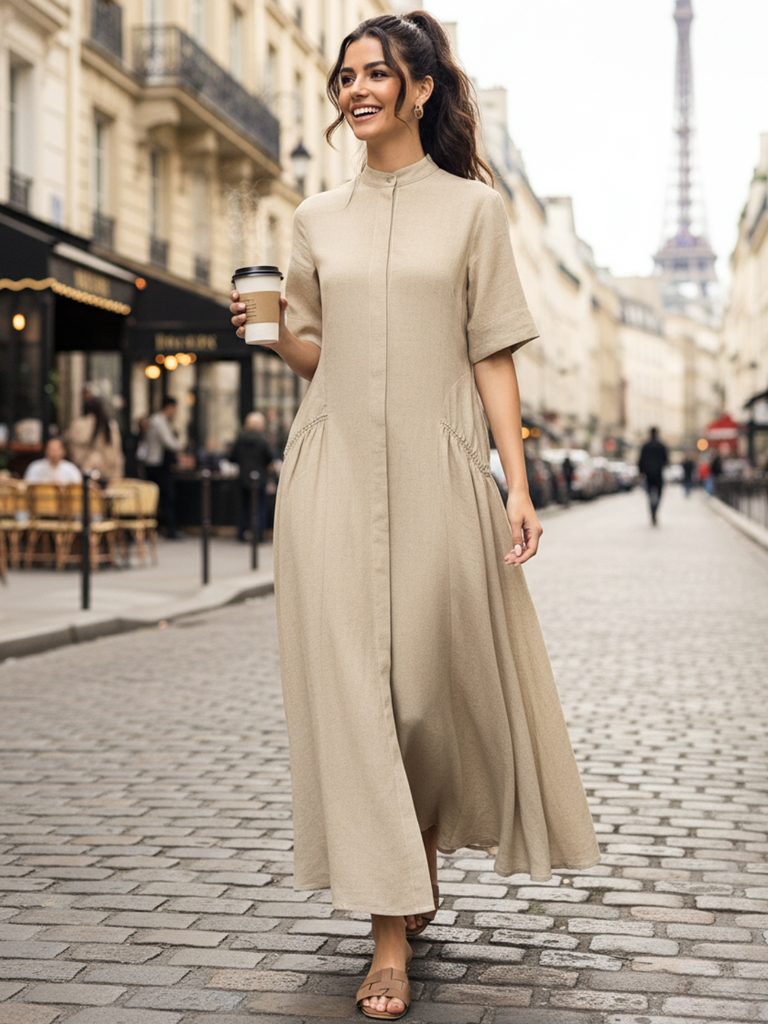 [ULSS25DR21-09-066-02] Pure Cotton Shirt Dress With Gathered Detailing (S)