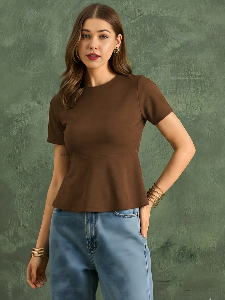 [ULSS25TP21-23-310-02] Stretchable Half Sleeve Peplum Top (S, Brown)