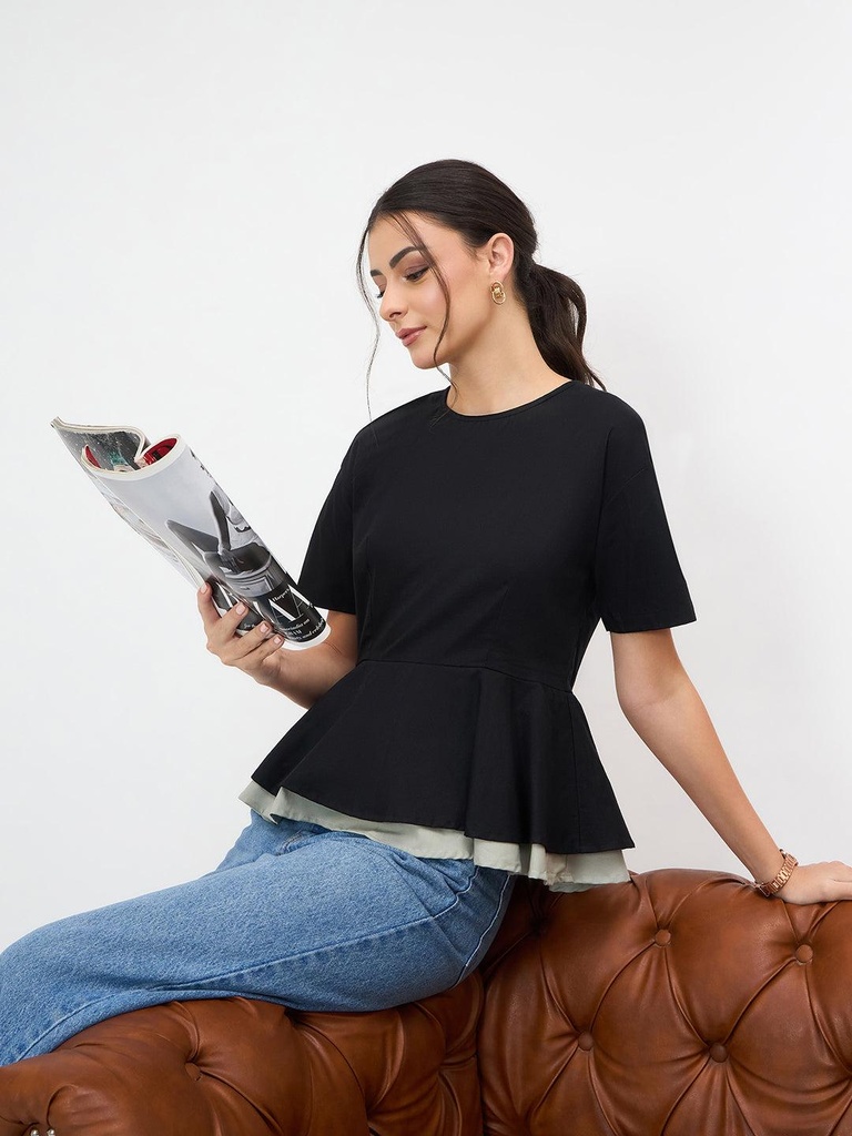 [ULSS25TP21-06-013-02] Pure Cotton Layered Peplum Top (S, Black)
