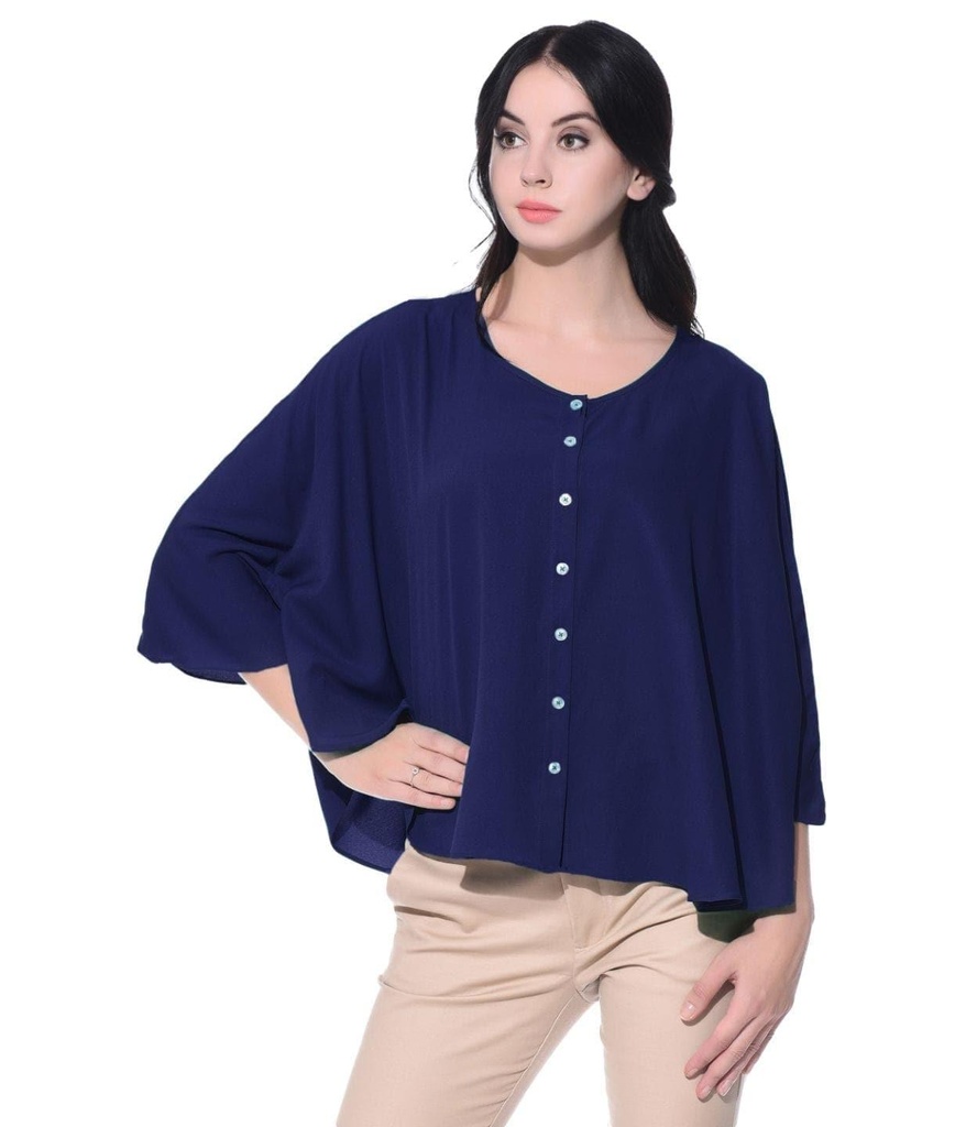 [ULFM16TP05-04-096-02] Navy Blue Buttoned Crepe Cape Top (S)