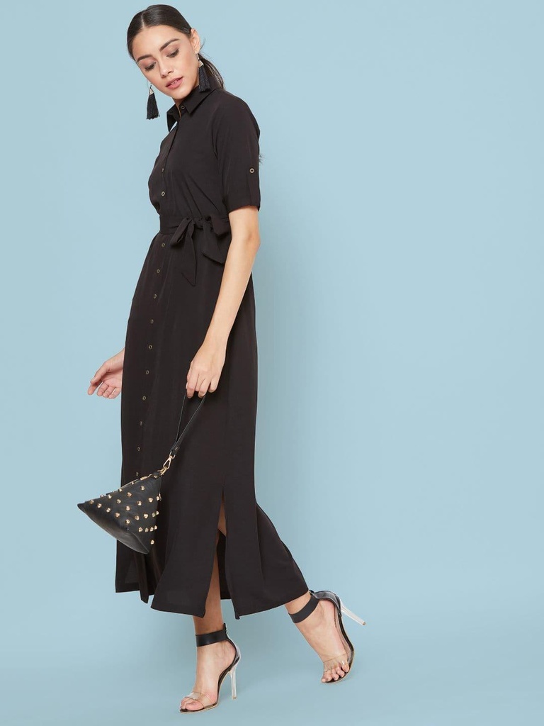 [ULSS19DR09-05-013-02] Collar Buttoned Down Shirt Maxi Dress (S, Black)
