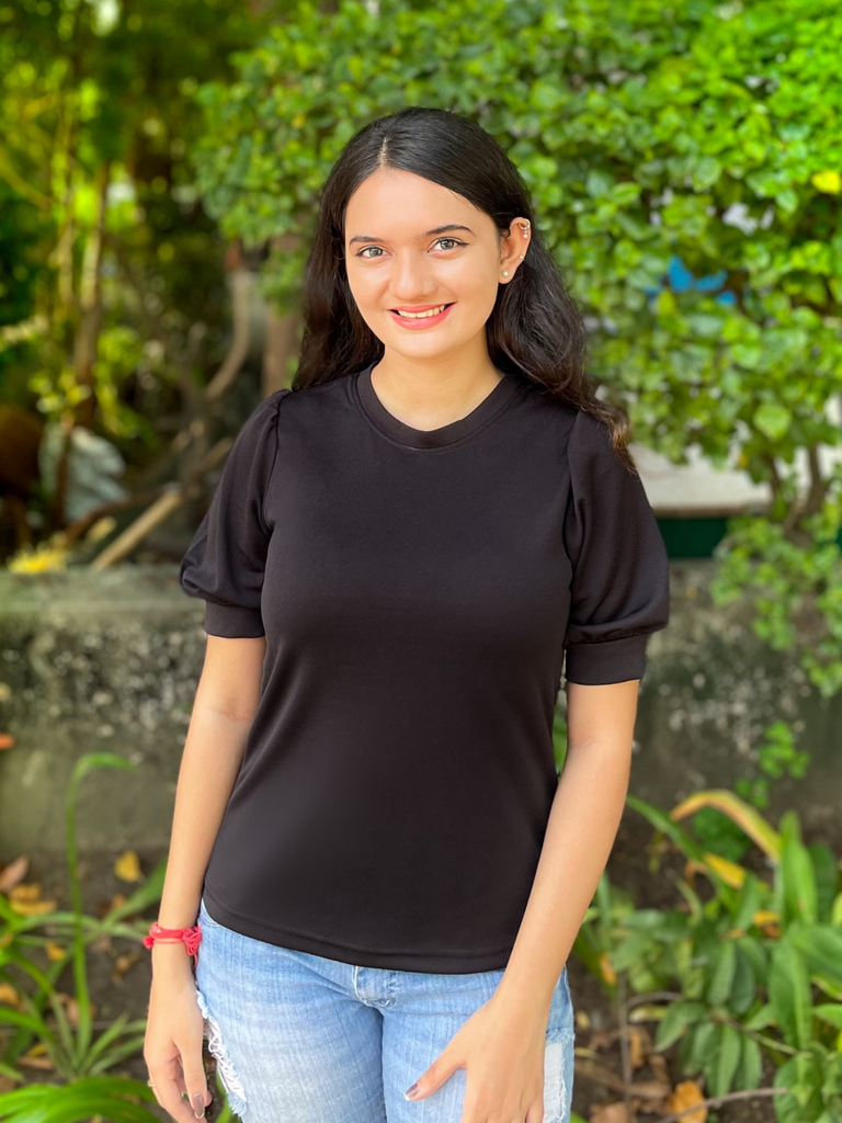 [ULSS19TP09-37-013-02] Solid Stretchable High Neck Puff Sleeve Top (S, Black)