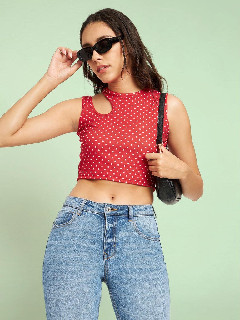 [ULSS22TP12-15-767-02] Printed Stretchable Shoulder Cutout Crop Top (S)