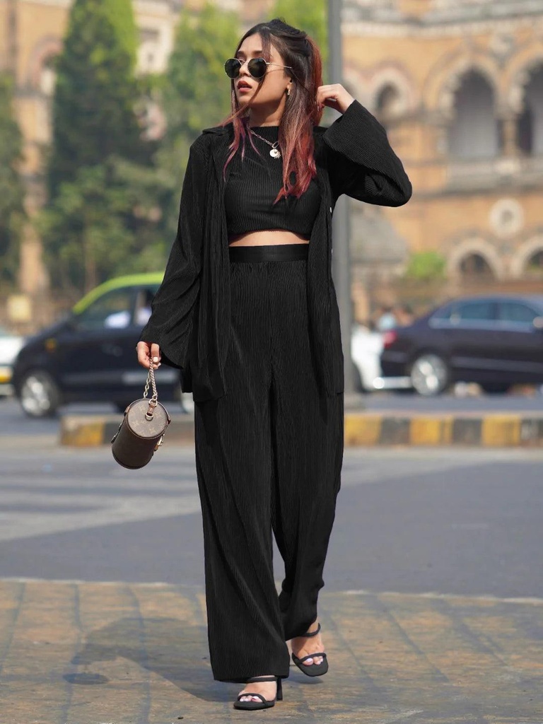 [ULSS22TP14-20-013-02] Pleated Short Sleeves Top (Only Top) (S, Black)