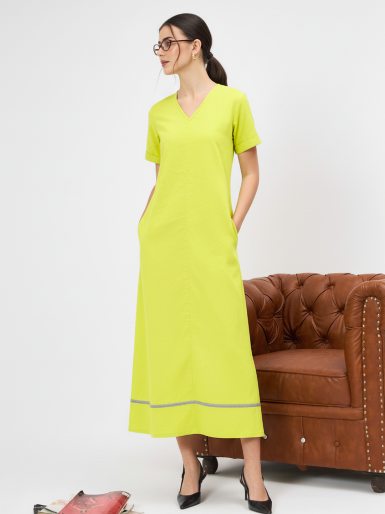 [ULSS25DR21-14-169-02] Pure Cotton A-Line Midi Dress (S, Yellow)