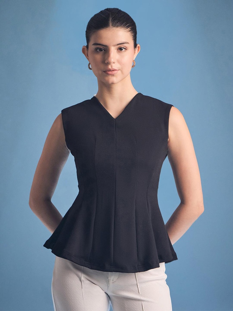 [ULSS25TP20-69-013-02] Stretchable Panelled Peplum Top (S, Black)