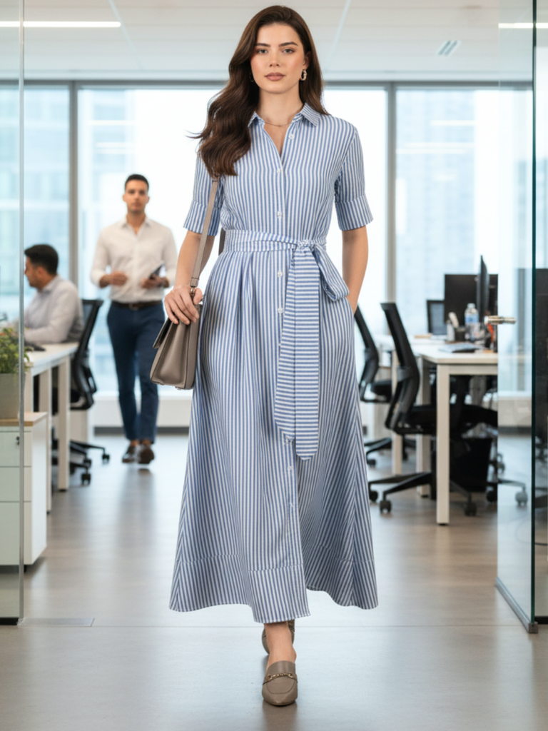 [ULSS25DR20-46-292-02] Cotton Buttoned Down Shirt Dress With Belt (S, Blue)