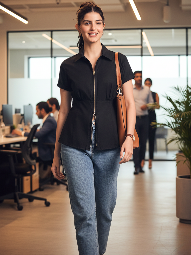 [ULSS25TP20-85-013-02] Zip-Through Fitted Cotton Top (S, Black)