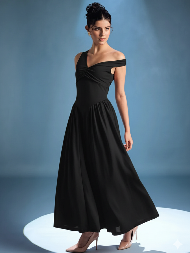 [ULSS25DR20-66-013-02] Stretchable One Shoulder Drop Waist Maxi Dress (S, Black)