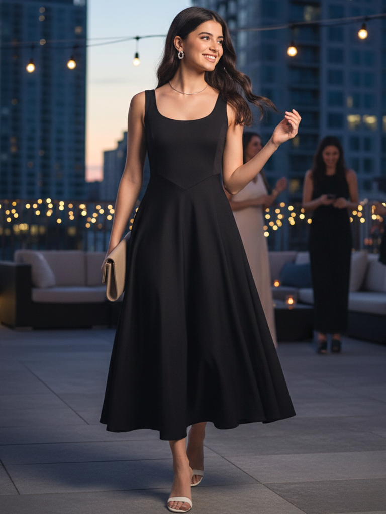 [ULSS25DR20-59-013-02] Stretchable Corset Fit & Flare Midi Dress (S, Black)