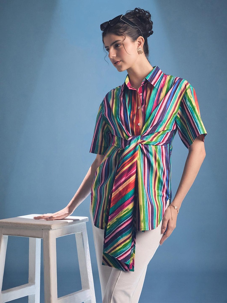 [ULSS25TP20-58-273-02] Front Tie-Up Cotton Shirt (S, Multicolor)