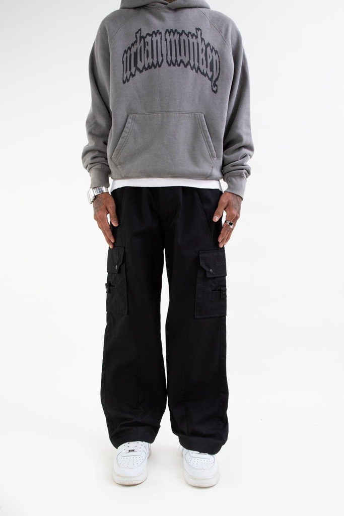 [CRG001_BLK_S] Ripstop Wide Leg Cargo Pants // Black (S/28)