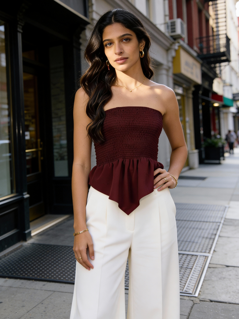 [ULSS25TP19-99-087-02] Smocked Bandeau Asymmetrical Top (S, Maroon)