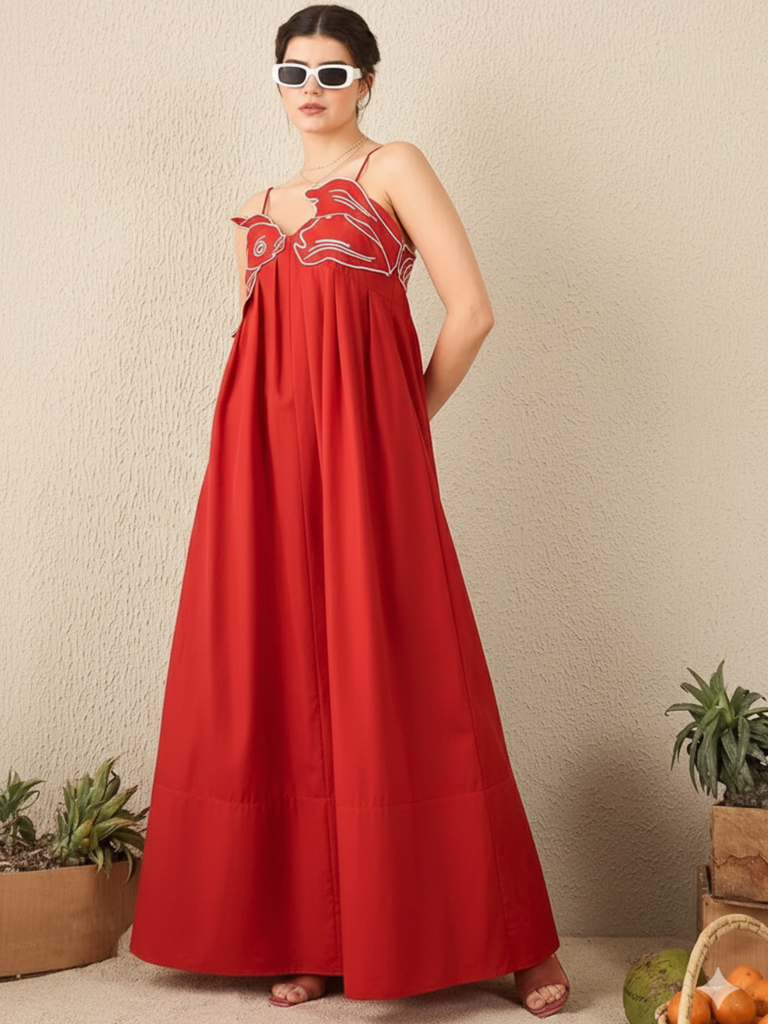 [ULSS25DR19-60-121-02] Fish Applique Cotton Maxi Dress (S, Red)