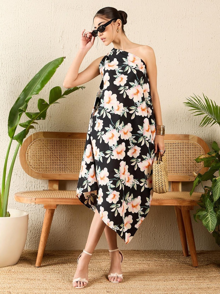 [ULSS23DR17-63-748-02] Asymmetric One-Shoulder Crepe Dress (S, Black)