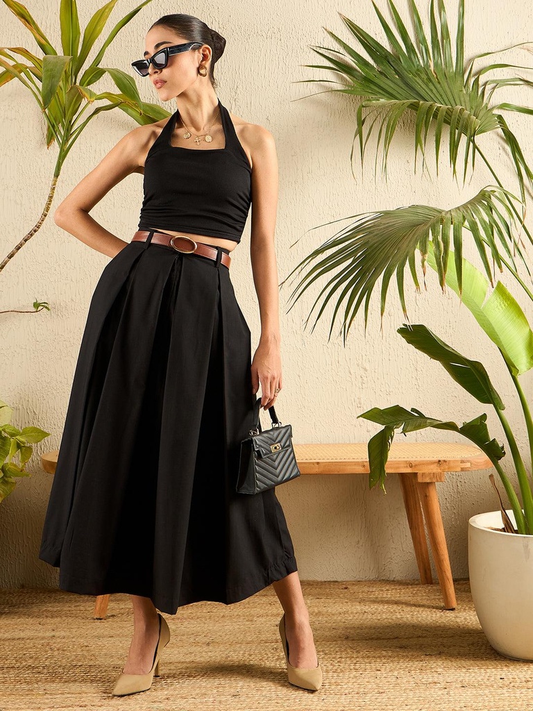 [ULSS24BT18-64-013-02] Box Pleated Linen Midi Skirt (S, Black)