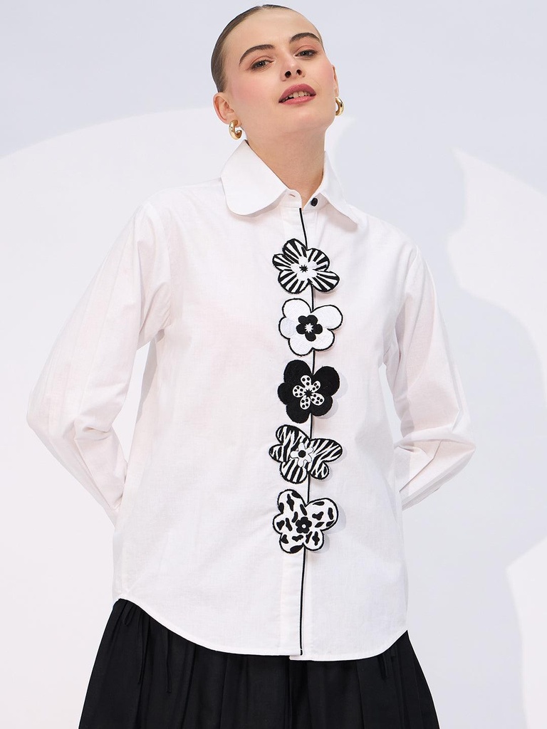 [ULSS24TP19-42-166-02] Embroidered Applique Cotton Shirt (S, Black)