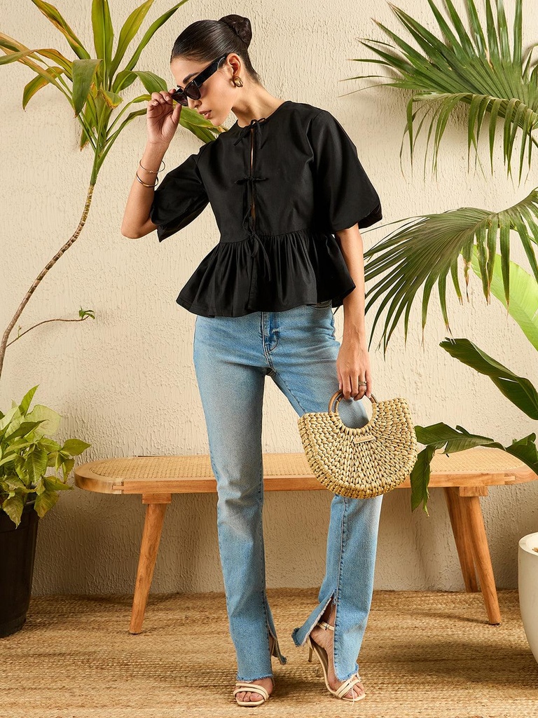 [ULSS24TP18-58-013-02] Cotton Tie-Up Peplum Top (S, Black)