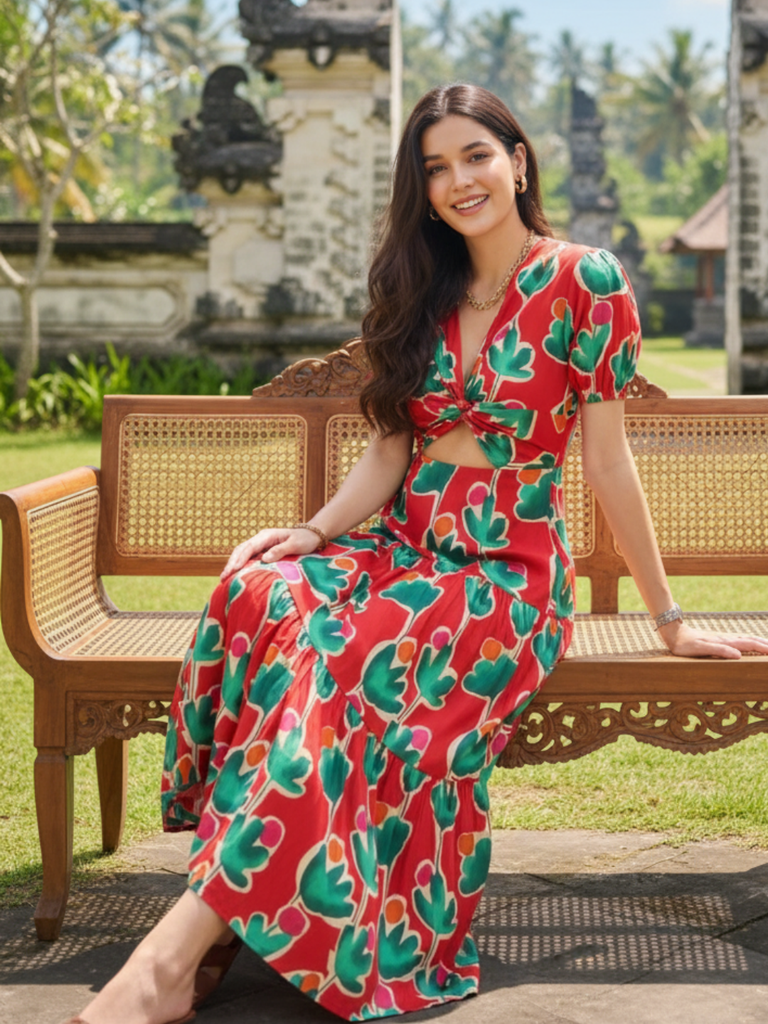 [ULSS24DR18-87-973-02] Puff Sleeve Front Cut Out Cotton Midi Dress (S)