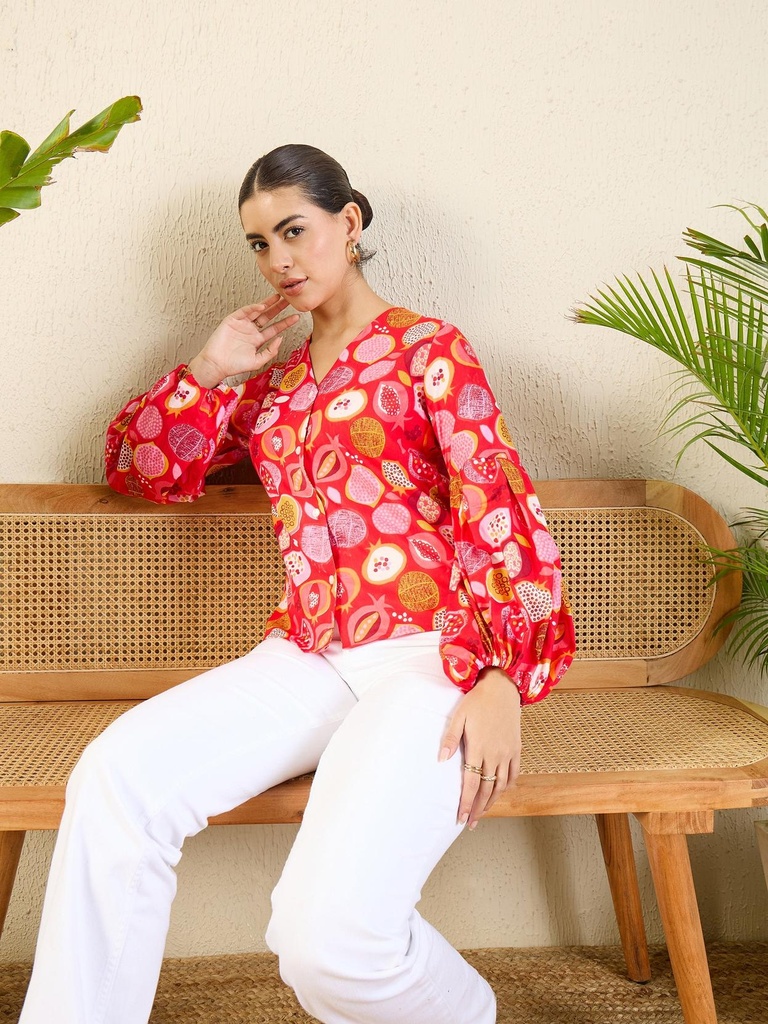 [ULSS24TP18-84-962-02] Printed Cotton Shirt with Balloon Sleeves (S, Red)