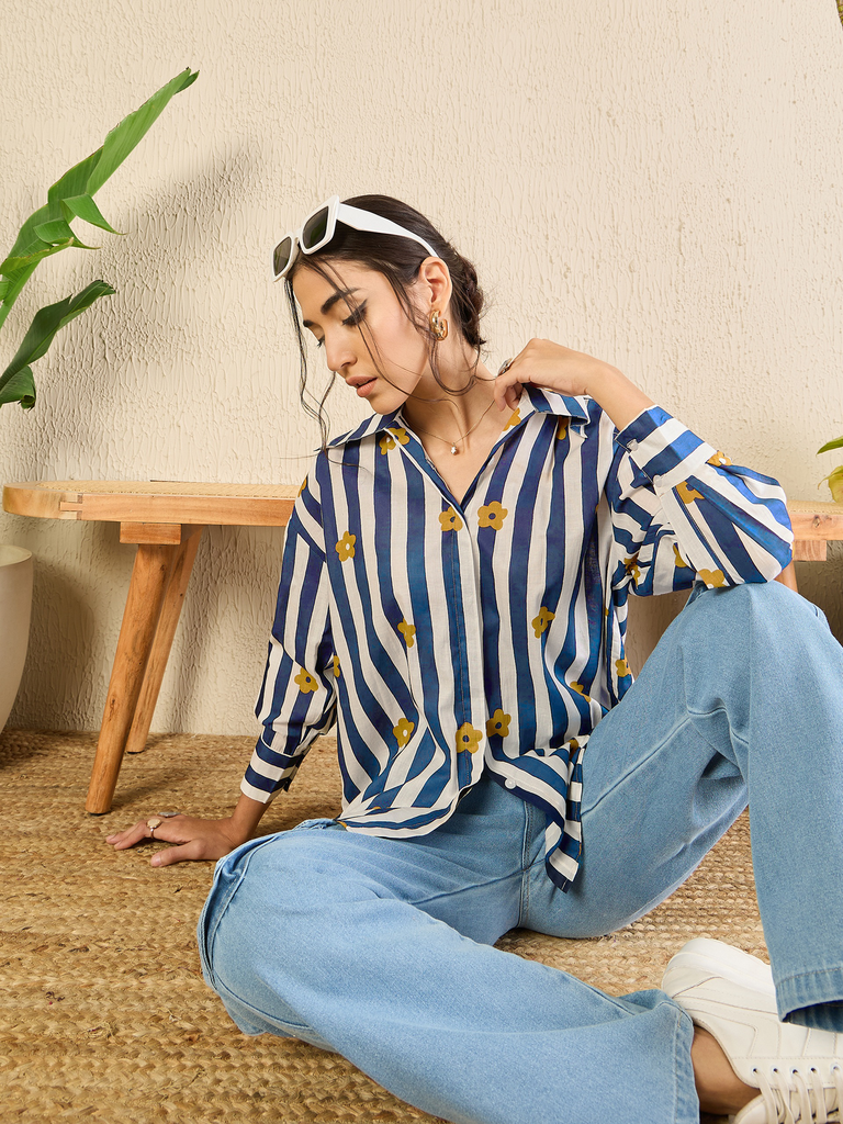 [ULSS24TP18-08-967-02] Printed Asymmetrical Cotton Shirt (S, Blue & White Stripe)