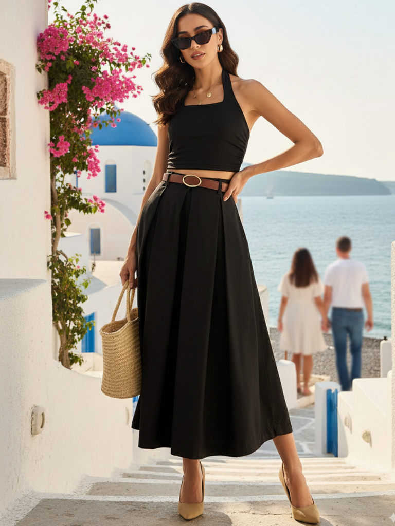 [ULSS24BT18-64-013-02] Pure Cotton Box Pleated Midi Skirt (S, Black)