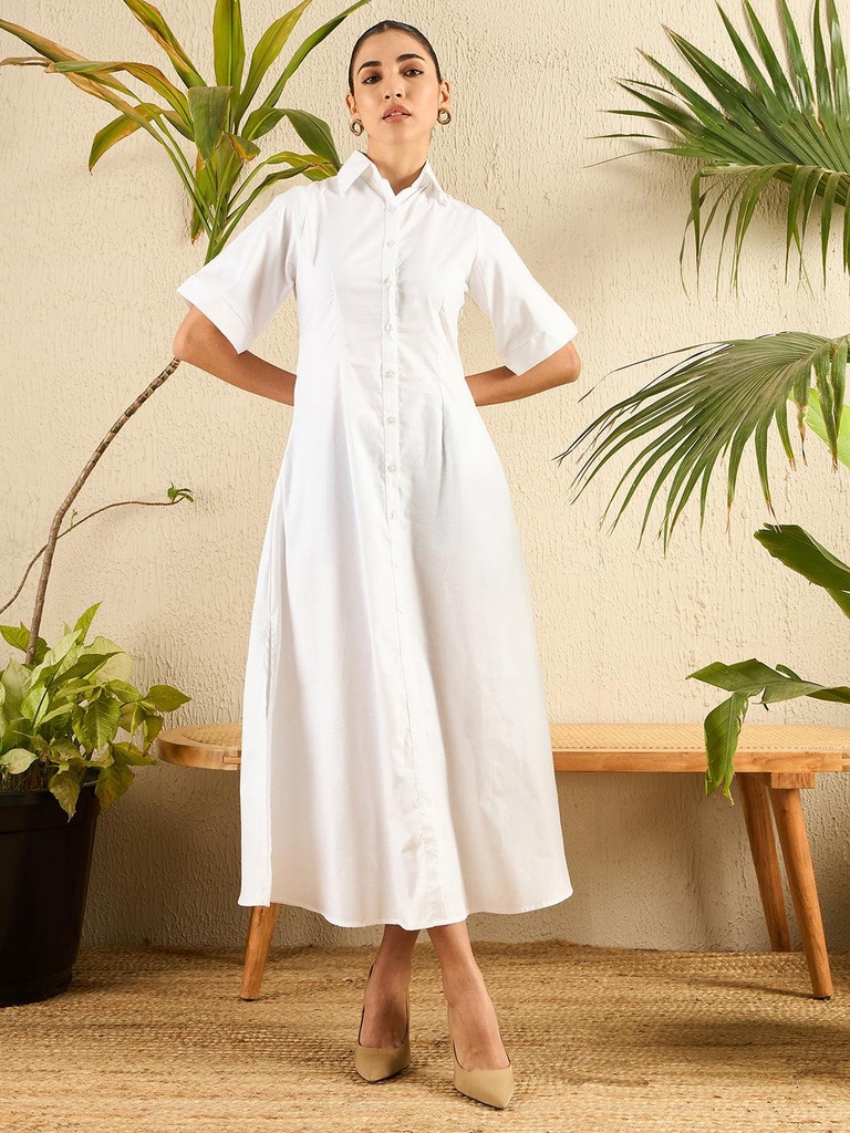 [ULSS24DR18-69-166-02] Fit and Flare Cotton Shirt Dress (S, White)