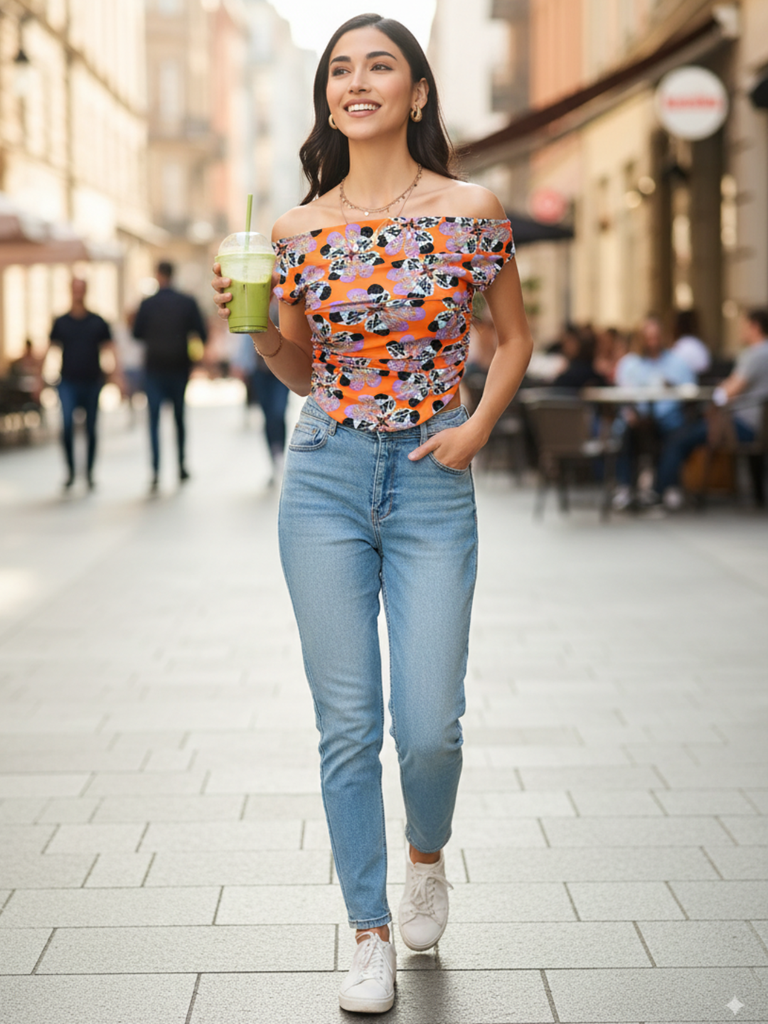 [ULSS23TP17-09-786-02] Printed Stretchable Draped Crop Top (S, Rust Orange)