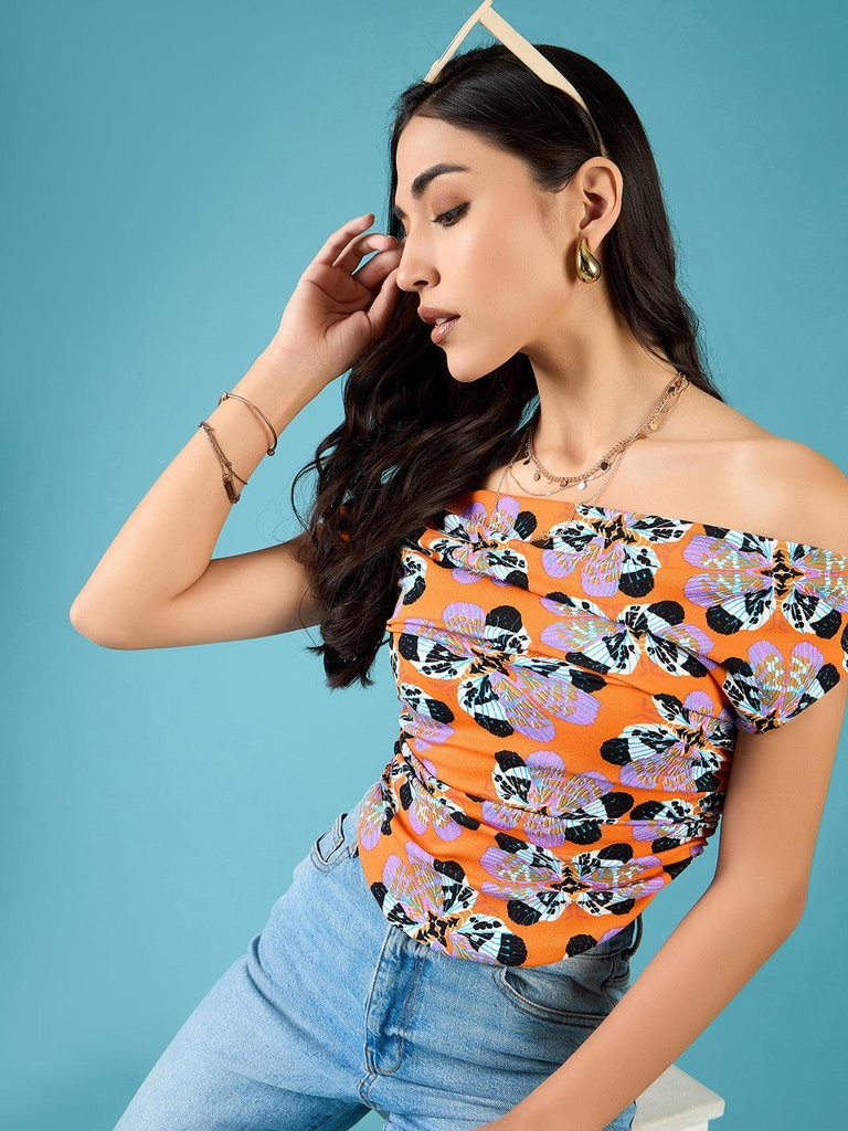 [ULSS23TP17-09-786-02] Printed Stretchable Draped Crop Top (S, Rust Orange)