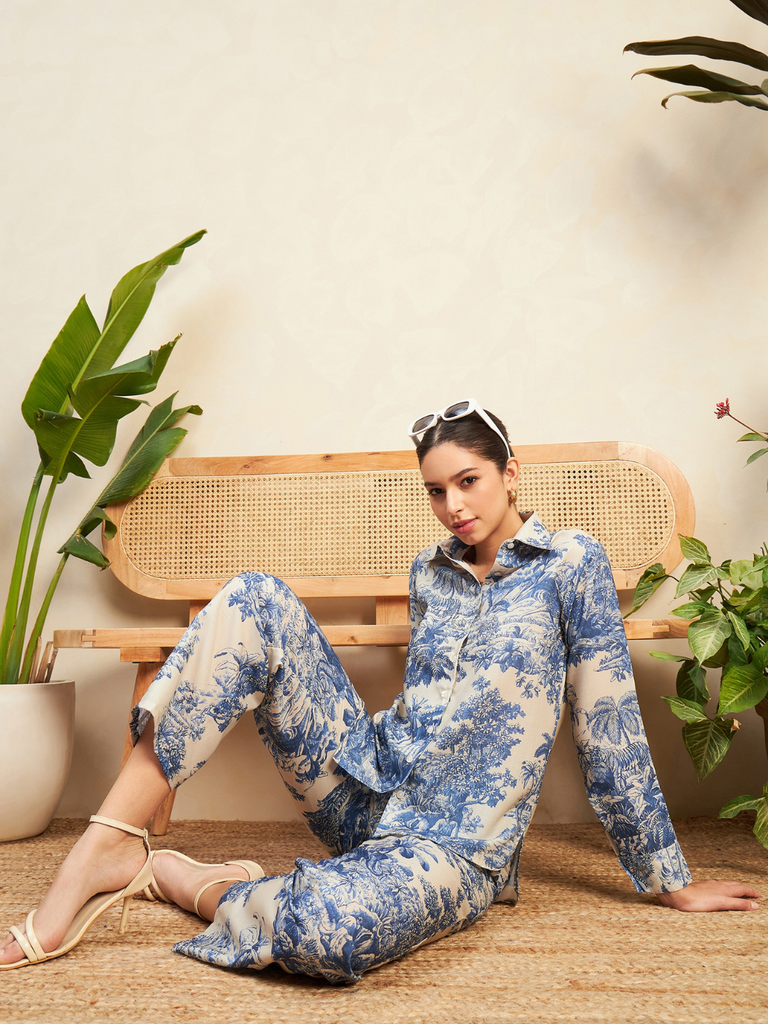 [ULSS22CM17-21-857-02] Printed Linen 2 Piece Co-ord Set (S, Porcelain Print)