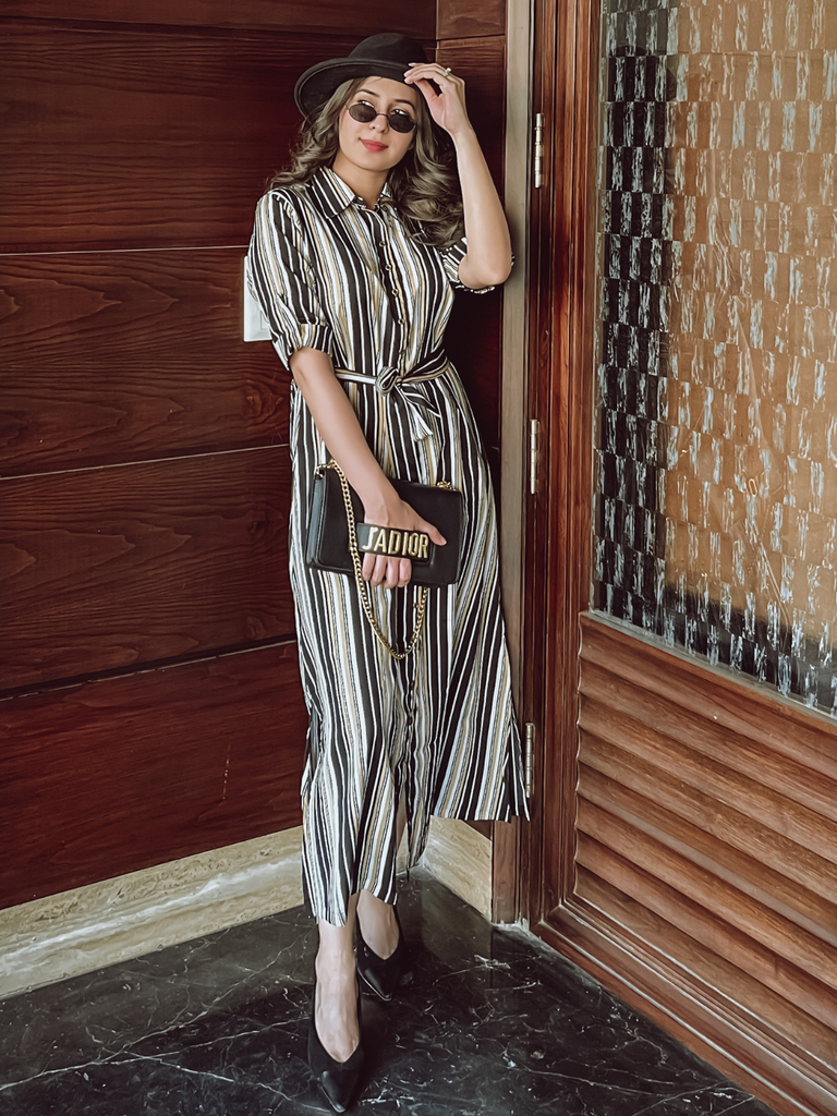 [ULSS19DR09-05-333-02] Collar Buttoned Down Shirt Maxi Dress (S, Black)